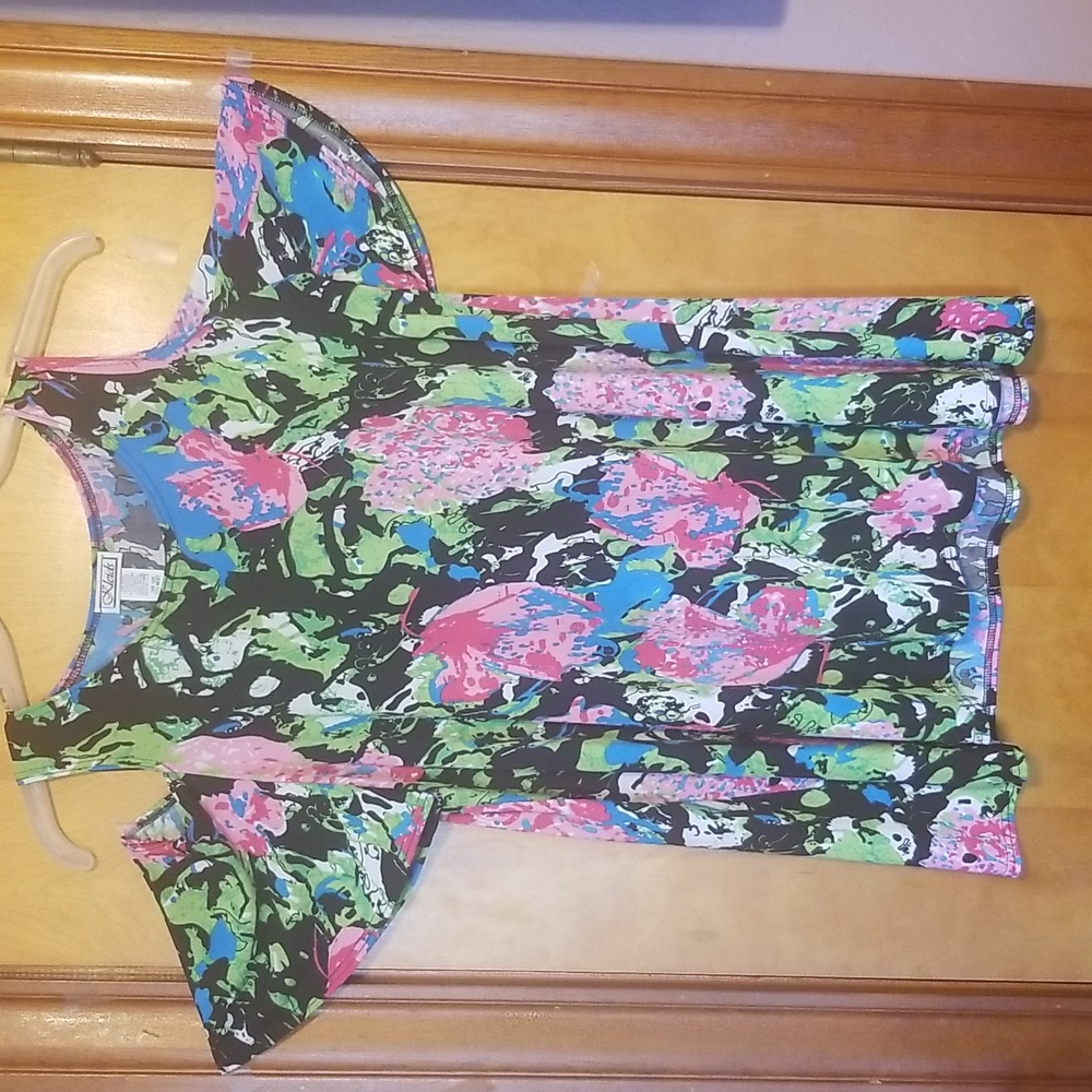KLEIDS Sz OSFM, Multi Color Cold Shoulder Tunic style Blouse EUC CL #15